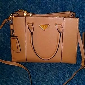 Tan multi pocket vegan satchel